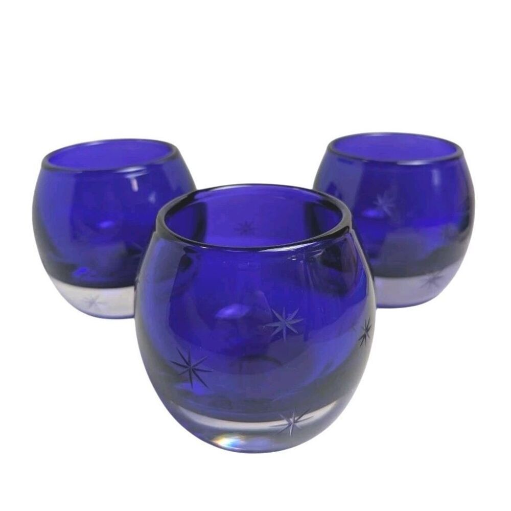Vintage Cobalt Blue Art Glass Starburst Etched Candle Votive Holder Set Of 3